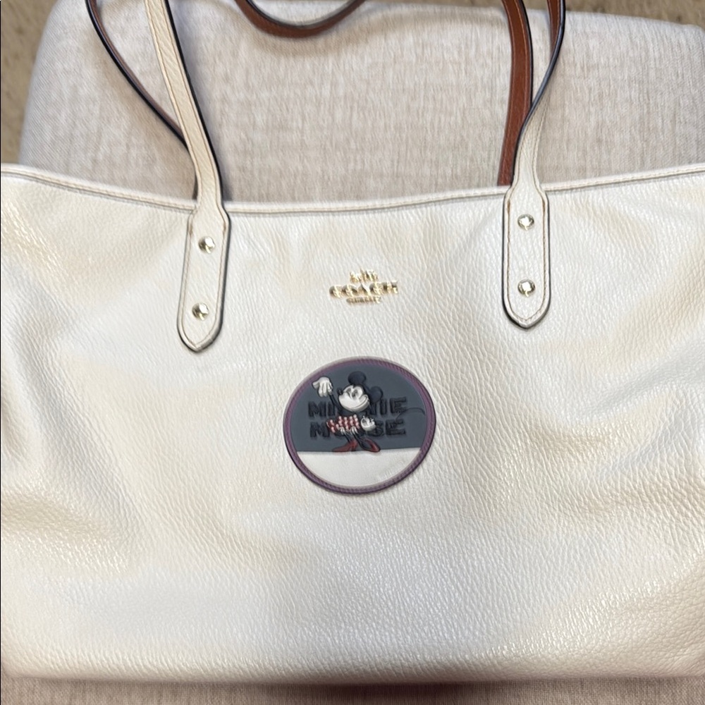 Coach White Leather Tote with Mickey Mouse Patch
